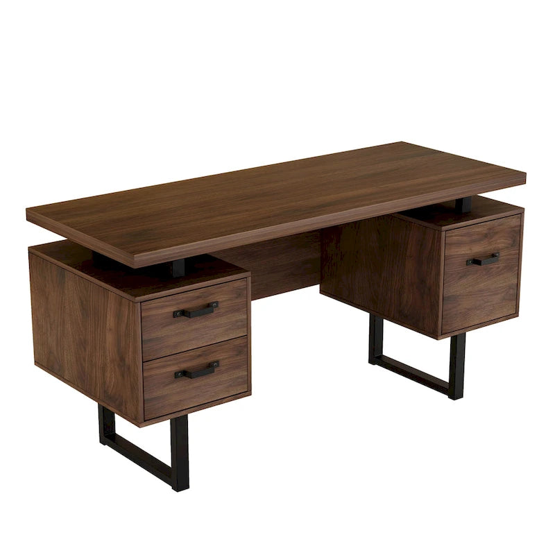 Bureau moderne en noyer avec 3 tiroirs, rangement pour dossiers suspendus et surface étanche de 68,5 cm pour bureau à domicile ou petits espaces de travail
