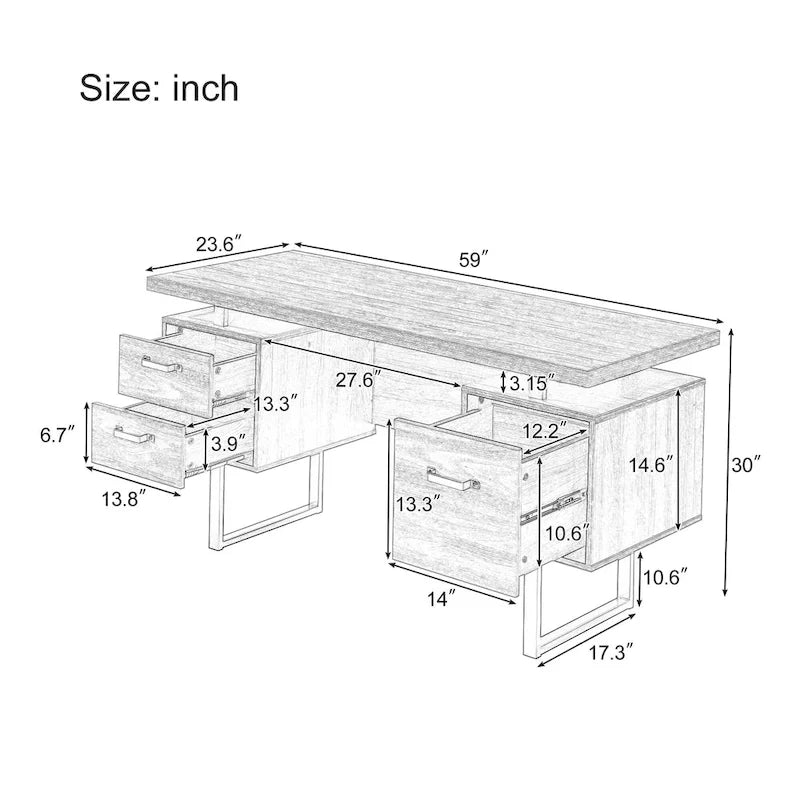 Bureau moderne en noyer avec 3 tiroirs, rangement pour dossiers suspendus et surface étanche de 68,5 cm pour bureau à domicile ou petits espaces de travail