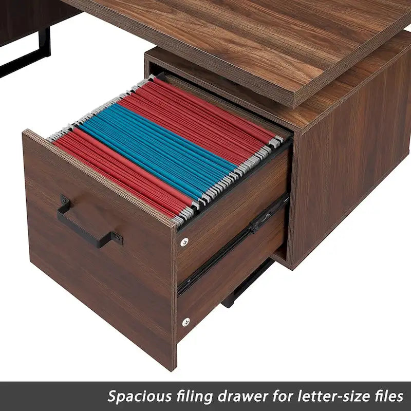 Bureau moderne en noyer avec 3 tiroirs, rangement pour dossiers suspendus et surface étanche de 68,5 cm pour bureau à domicile ou petits espaces de travail