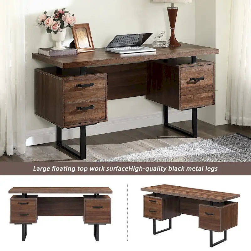 Bureau moderne en noyer avec 3 tiroirs, rangement pour dossiers suspendus et surface étanche de 68,5 cm pour bureau à domicile ou petits espaces de travail