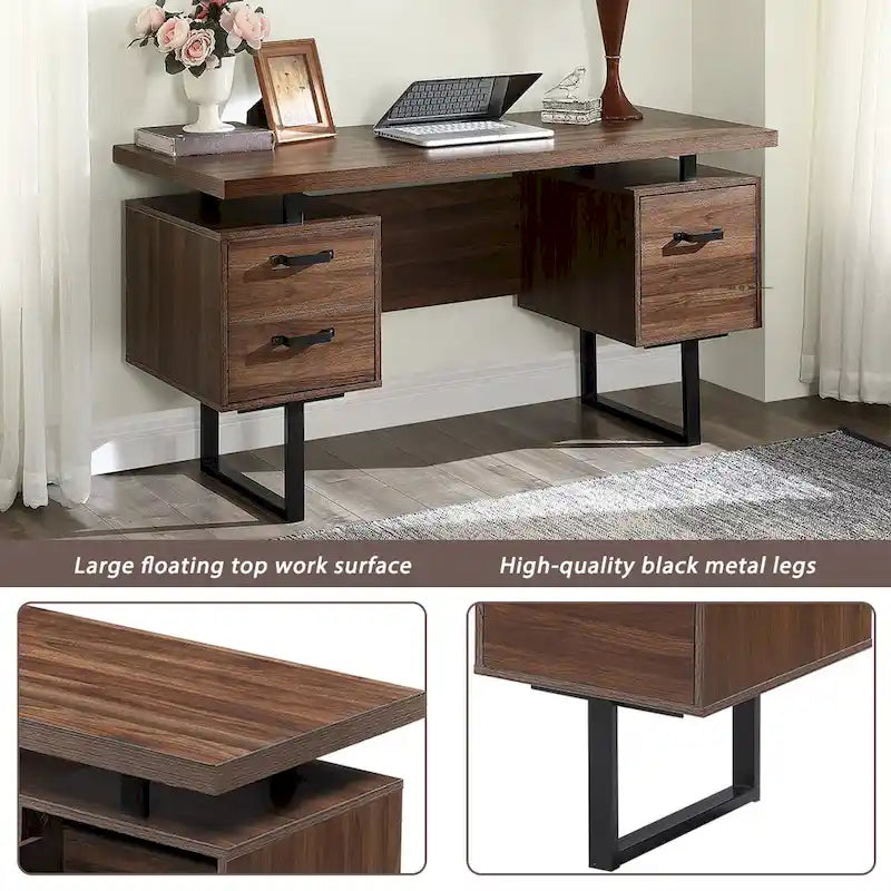 Bureau moderne en noyer avec 3 tiroirs, rangement pour dossiers suspendus et surface étanche de 68,5 cm pour bureau à domicile ou petits espaces de travail