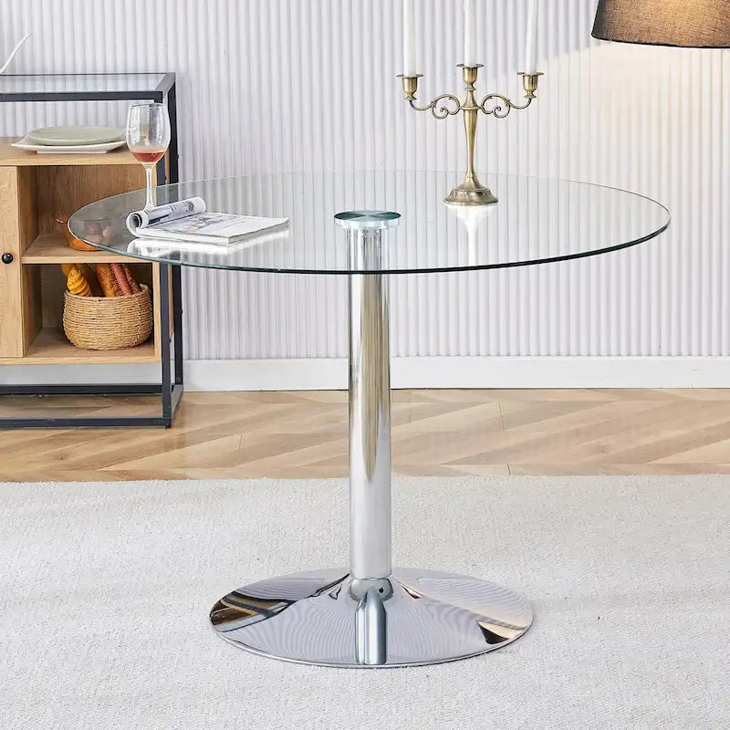 Table à manger circulaire moderne avec plateau en verre élégant et pieds en métal robustes pour divers espaces