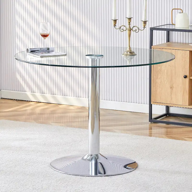 Table à manger circulaire moderne avec plateau en verre élégant et pieds en métal robustes pour divers espaces