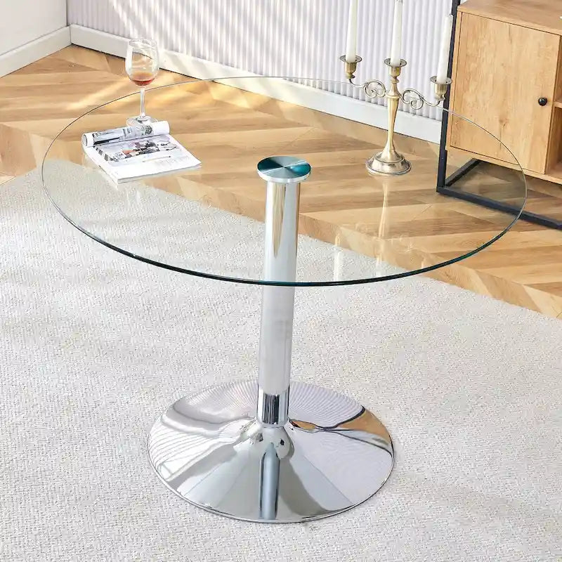 Table à manger circulaire moderne avec plateau en verre élégant et pieds en métal robustes pour divers espaces