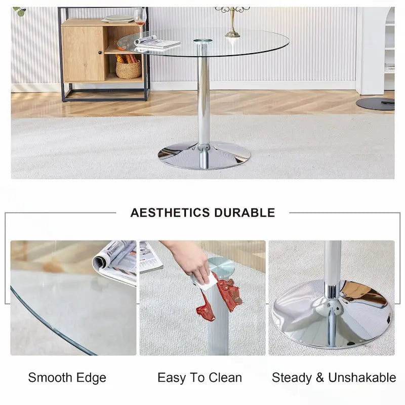 Table à manger circulaire moderne avec plateau en verre élégant et pieds en métal robustes pour divers espaces