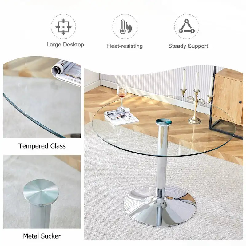 Table à manger circulaire moderne avec plateau en verre élégant et pieds en métal robustes pour divers espaces