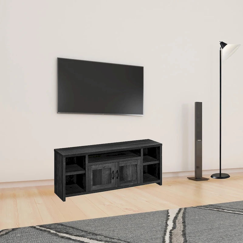 Meuble TV noir moderne en bois recyclé pour téléviseurs 55 pouces avec placards et étagères – 60,3 cm (H) x 149,9 cm (l) x 39,4 cm (P)