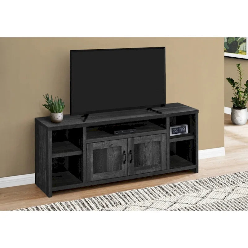 Meuble TV noir moderne en bois recyclé pour téléviseurs 55 pouces avec placards et étagères – 60,3 cm (H) x 149,9 cm (l) x 39,4 cm (P)