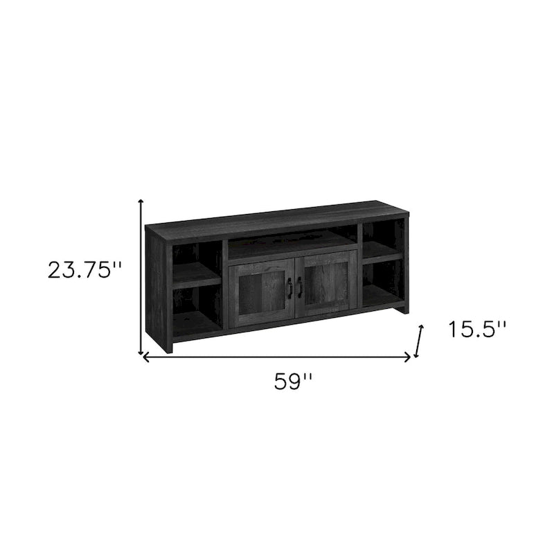Meuble TV noir moderne en bois recyclé pour téléviseurs 55 pouces avec placards et étagères – 60,3 cm (H) x 149,9 cm (l) x 39,4 cm (P)