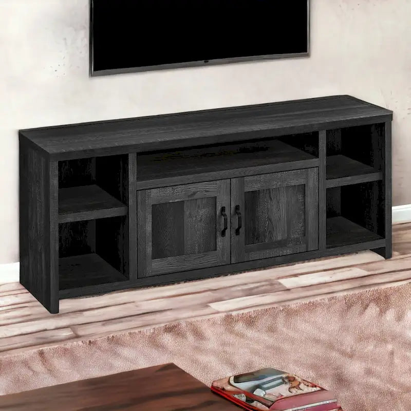 Meuble TV noir moderne en bois recyclé pour téléviseurs 55 pouces avec placards et étagères – 60,3 cm (H) x 149,9 cm (l) x 39,4 cm (P)