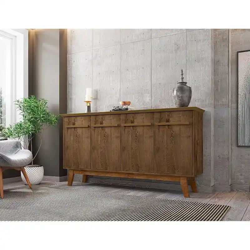 Buffet avec pieds en bois massif et 2 placards en blanc cassé et cannelle