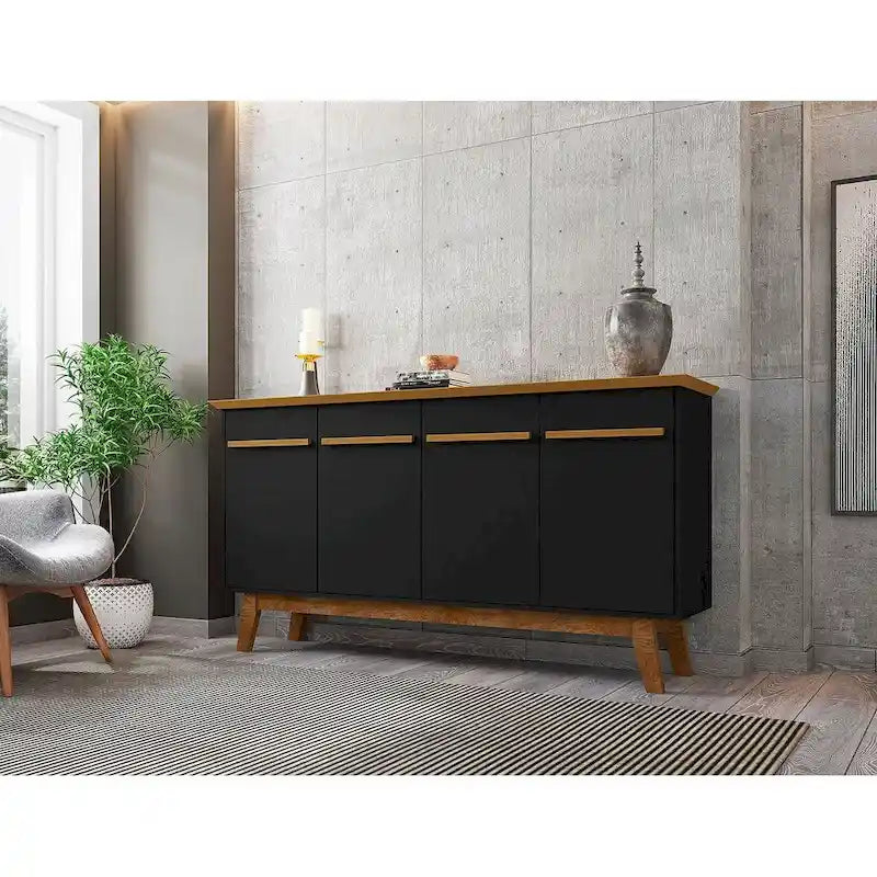 Buffet avec pieds en bois massif et 2 placards en blanc cassé et cannelle