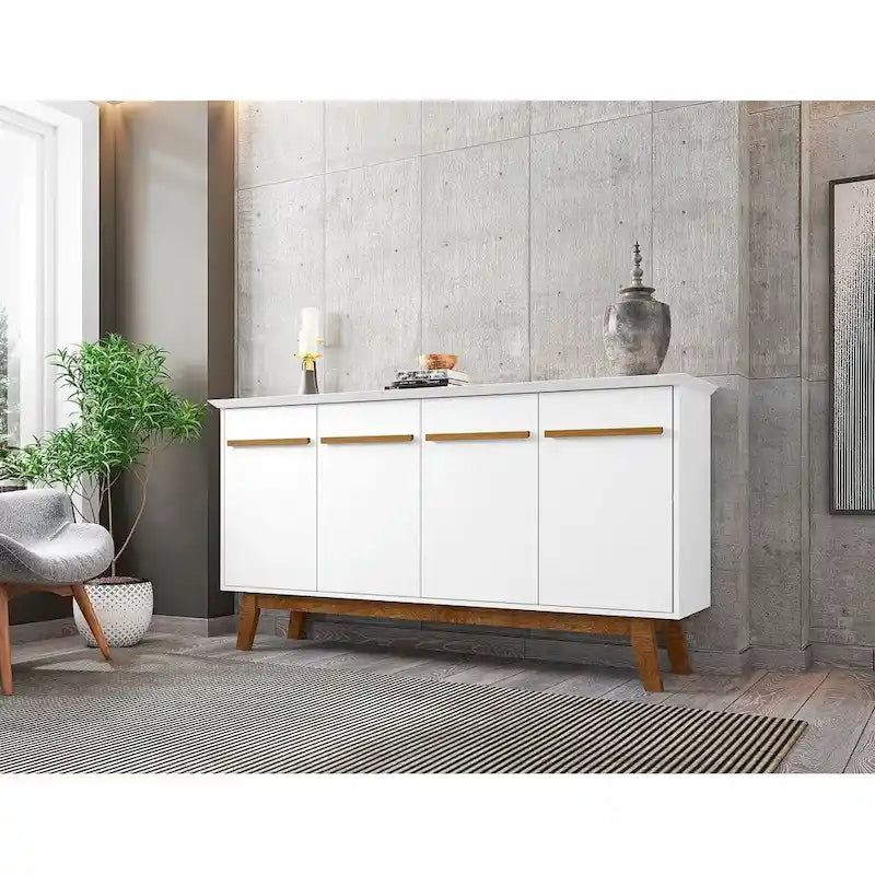 Buffet avec pieds en bois massif et 2 placards en blanc cassé et cannelle
