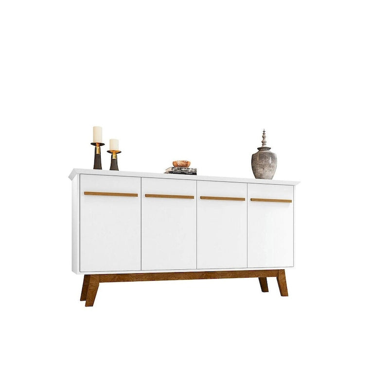 Buffet avec pieds en bois massif et 2 placards en blanc cassé et cannelle