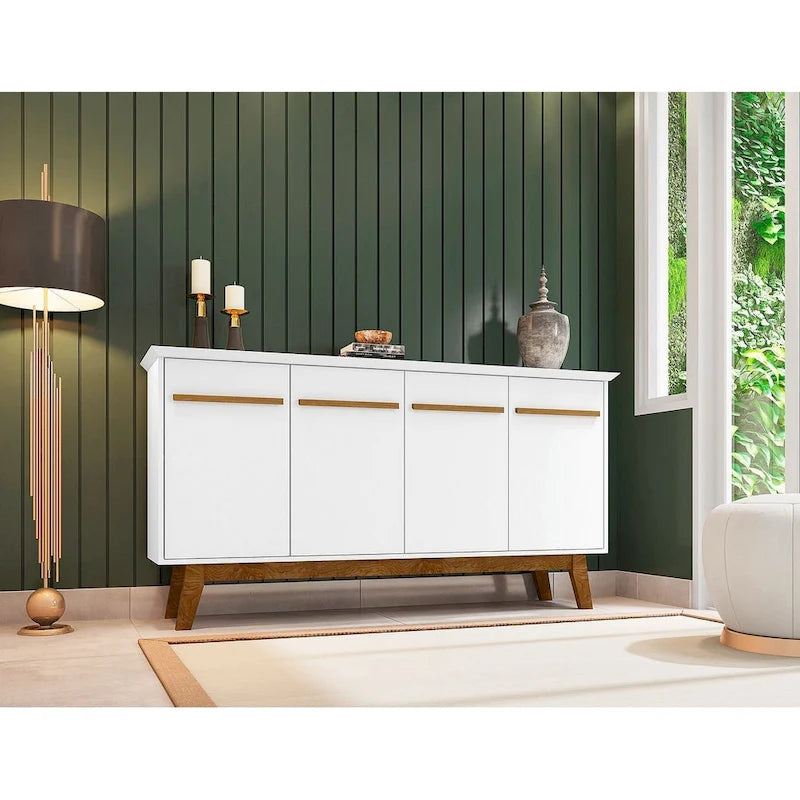 Buffet avec pieds en bois massif et 2 placards en blanc cassé et cannelle