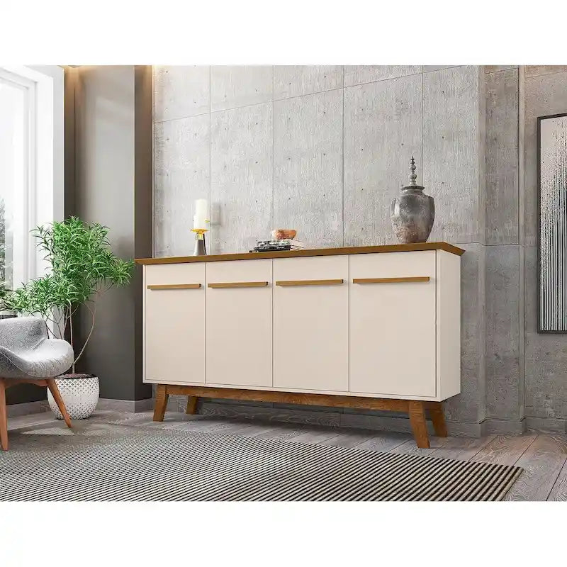 Buffet avec pieds en bois massif et 2 placards en blanc cassé et cannelle