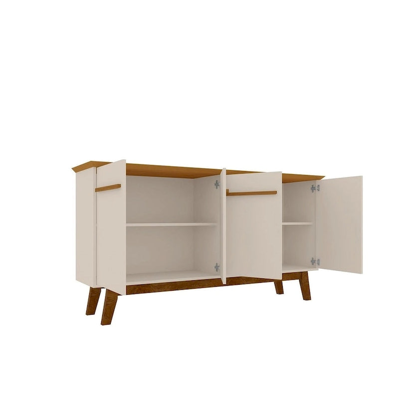 Buffet avec pieds en bois massif et 2 placards en blanc cassé et cannelle