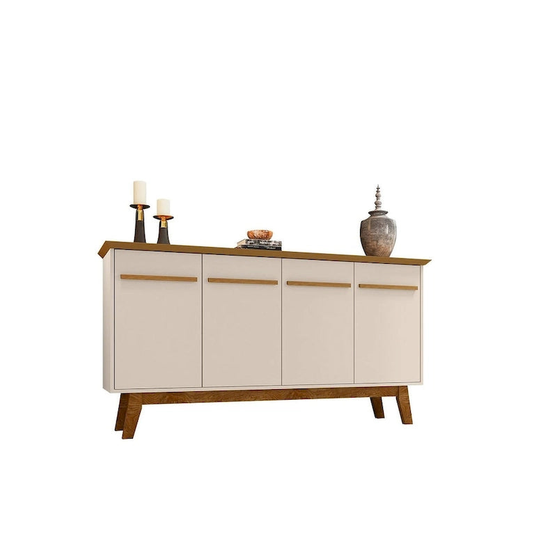 Buffet avec pieds en bois massif et 2 placards en blanc cassé et cannelle