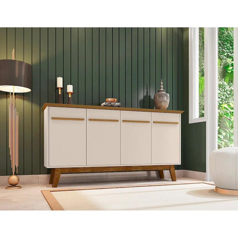 Buffet avec pieds en bois massif et 2 placards en blanc cassé et cannelle