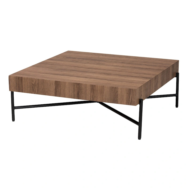 Table basse en bois couleur noyer et métal noir au style industriel moderne