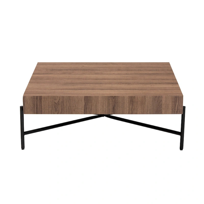 Table basse en bois couleur noyer et métal noir au style industriel moderne