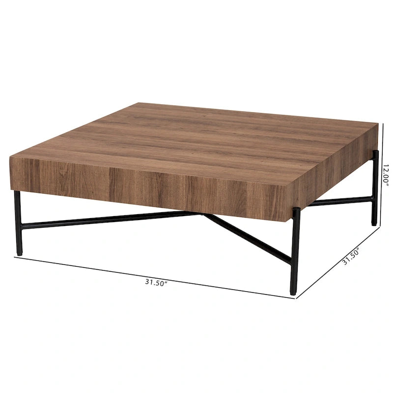 Table basse en bois couleur noyer et métal noir au style industriel moderne
