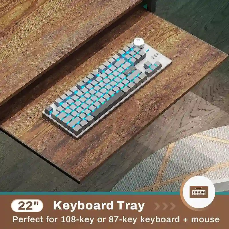 Bureau d'ordinateur en L, bureau de jeu avec tiroir à clavier, prises de courant et éclairage LED