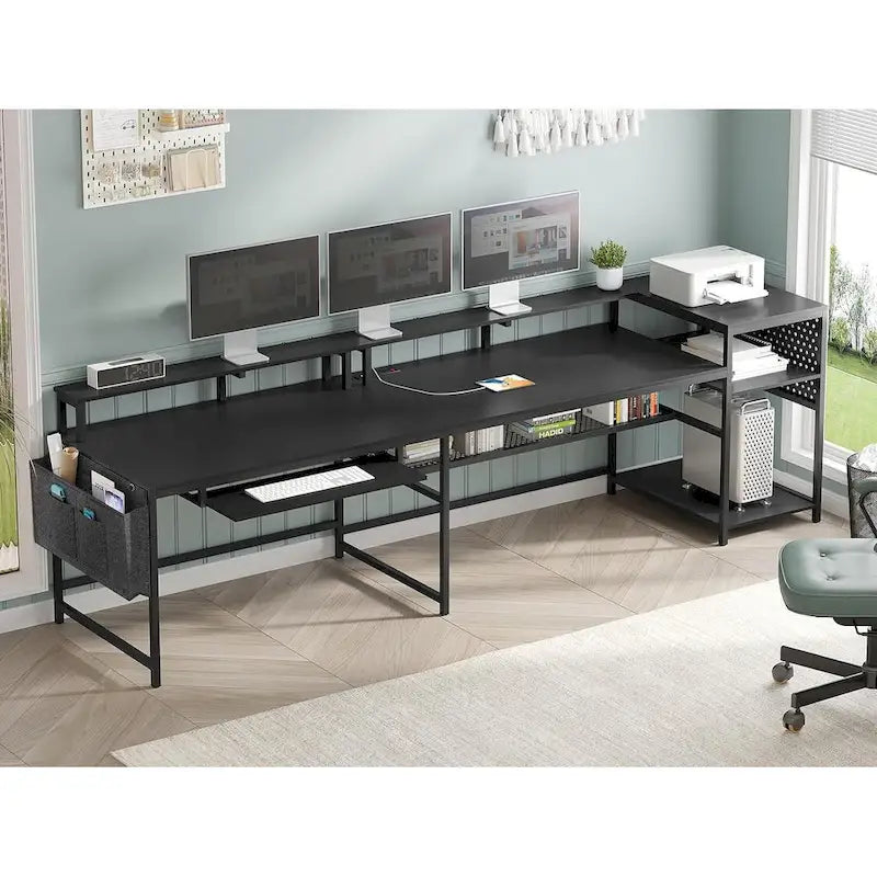 Bureau d'ordinateur en L, bureau de jeu avec tiroir à clavier, prises de courant et éclairage LED
