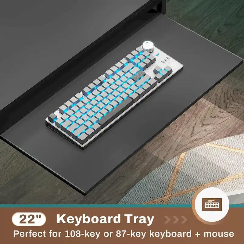 Bureau d'ordinateur en L, bureau de jeu avec tiroir à clavier, prises de courant et éclairage LED