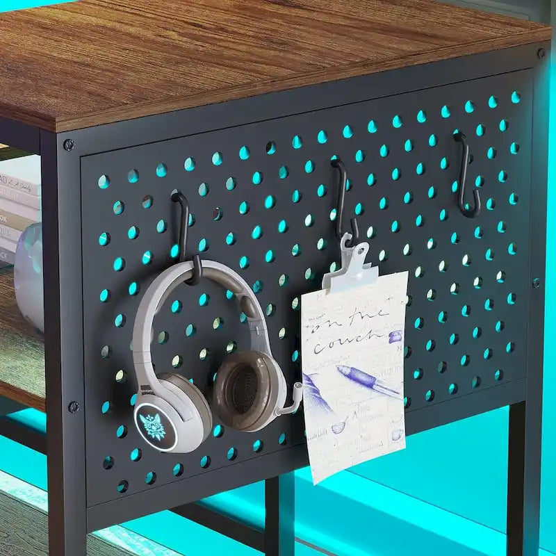 Bureau d'ordinateur en L, bureau de jeu avec tiroir à clavier, prises de courant et éclairage LED