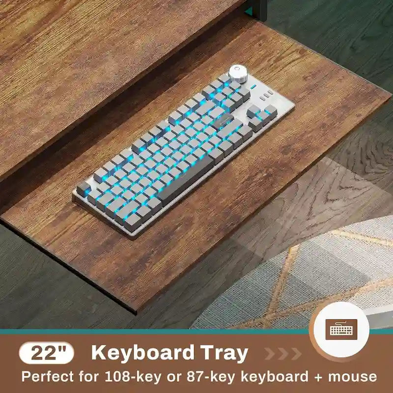 Bureau d'ordinateur en L, bureau de jeu avec tiroir à clavier, prises de courant et éclairage LED