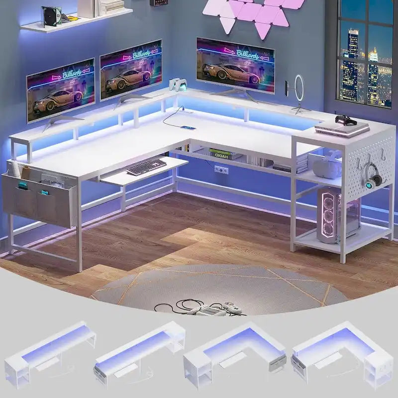 Bureau d'ordinateur en L, bureau de jeu avec tiroir à clavier, prises de courant et éclairage LED