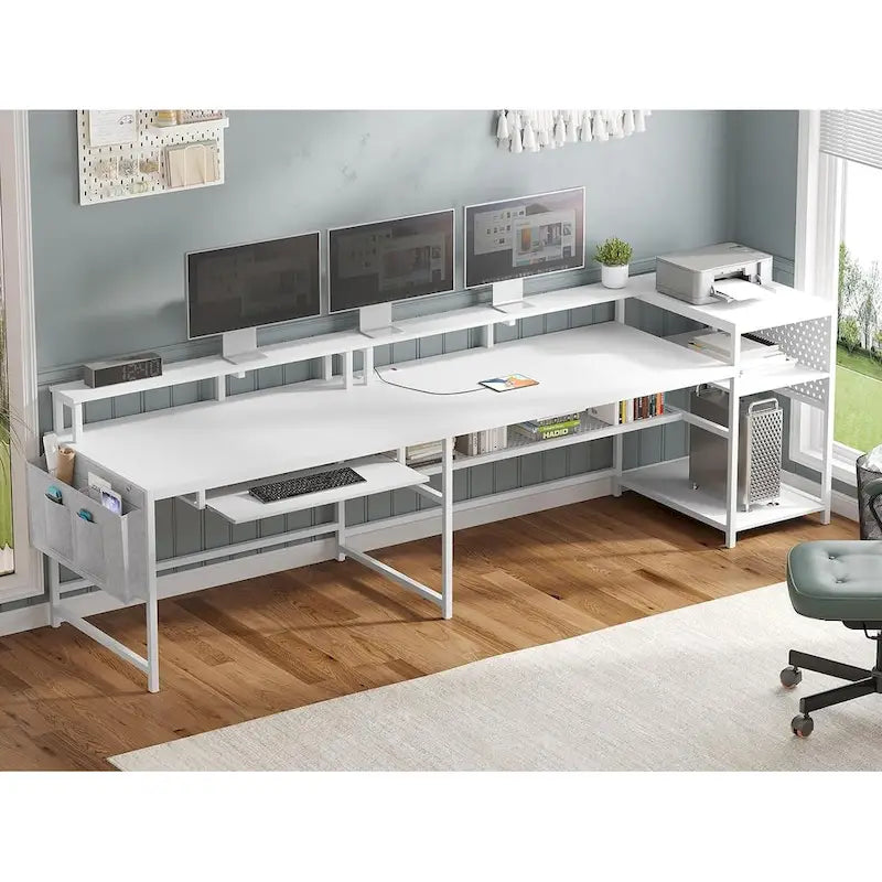 Bureau d'ordinateur en L, bureau de jeu avec tiroir à clavier, prises de courant et éclairage LED