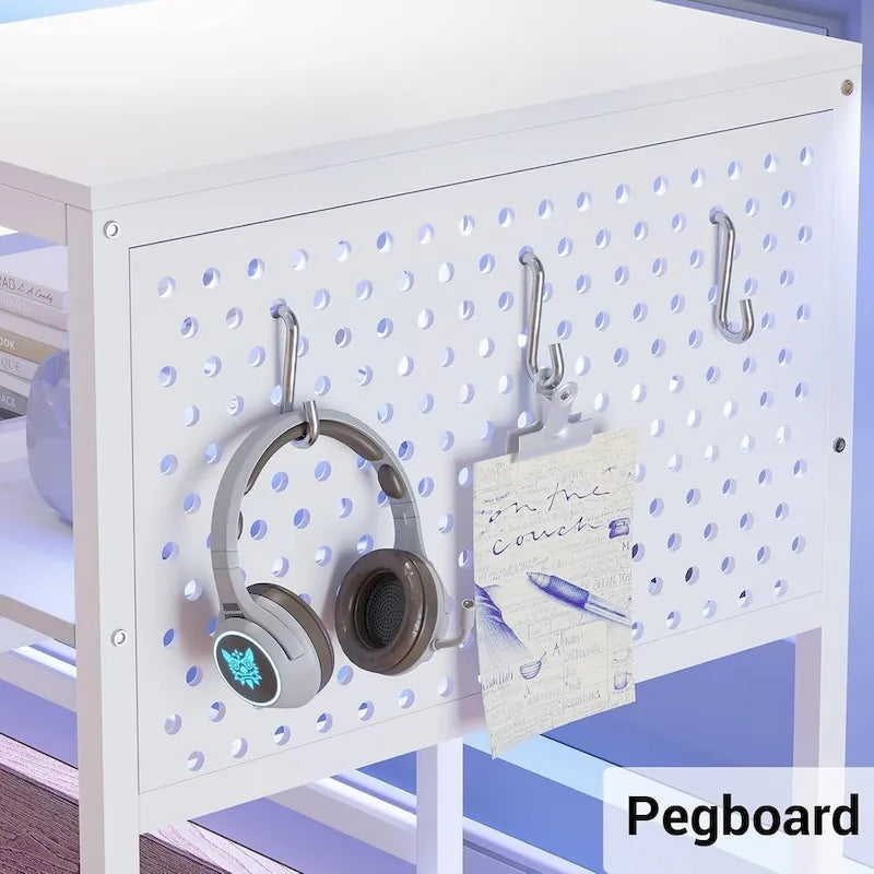 Bureau d'ordinateur en L, bureau de jeu avec tiroir à clavier, prises de courant et éclairage LED