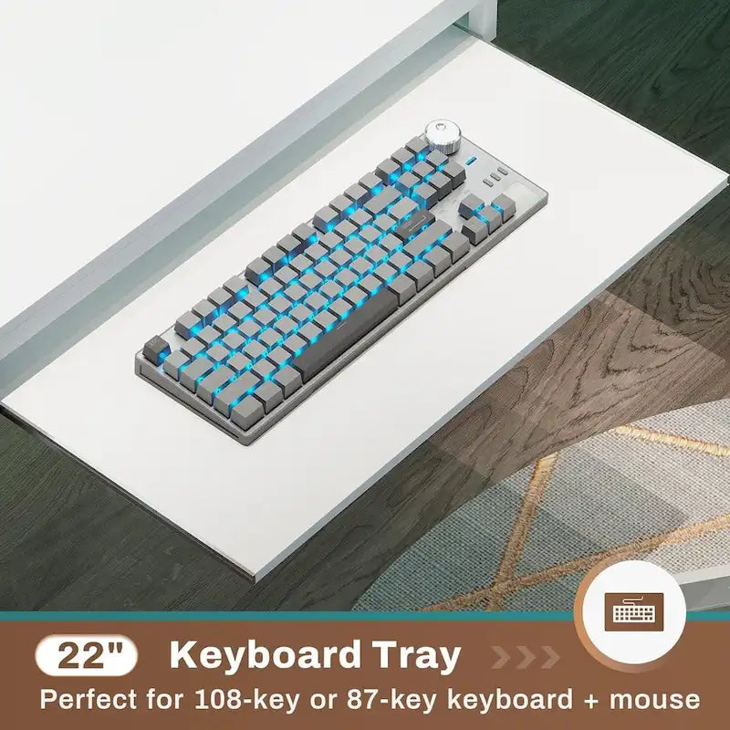 Bureau d'ordinateur en L, bureau de jeu avec tiroir à clavier, prises de courant et éclairage LED