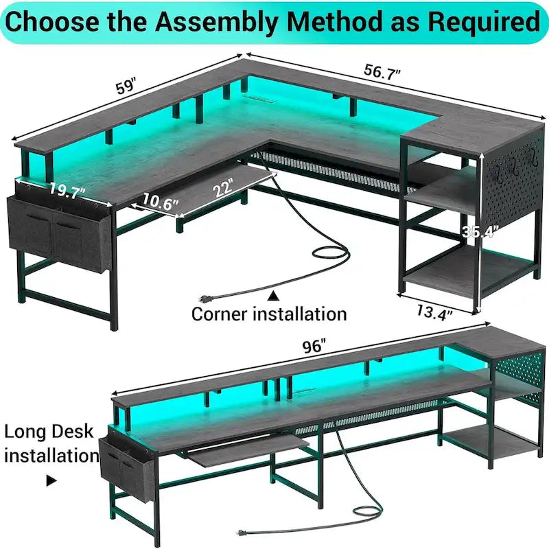 Bureau d'ordinateur en L, bureau de jeu avec tiroir à clavier, prises de courant et éclairage LED
