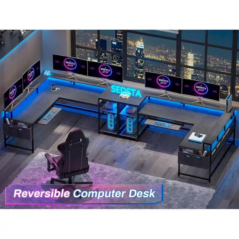 Bureau d'ordinateur en L, bureau de jeu avec tiroir à clavier, prises de courant et éclairage LED