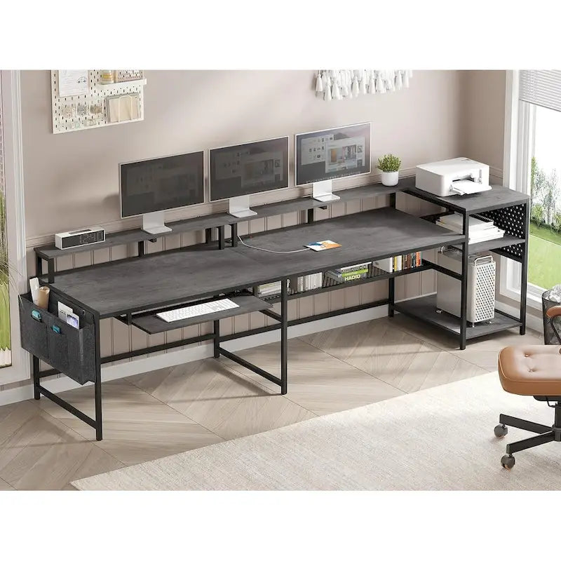 Bureau d'ordinateur en L, bureau de jeu avec tiroir à clavier, prises de courant et éclairage LED