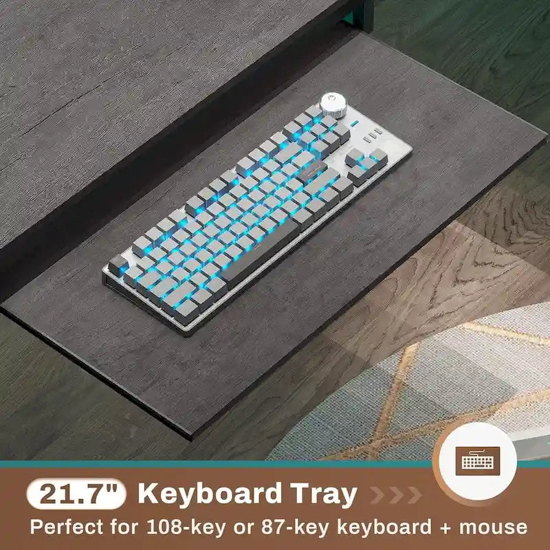 Bureau d'ordinateur en L, bureau de jeu avec tiroir à clavier, prises de courant et éclairage LED