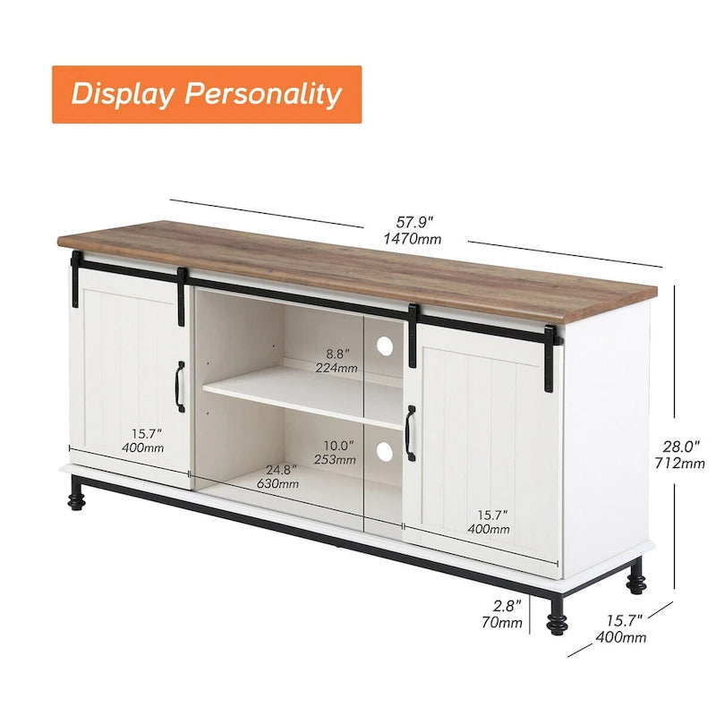 Meubles TV avec portes coulissantes de style ferme, armoires de rangement, meuble de divertissement pour téléviseurs jusqu'à 65 pouces