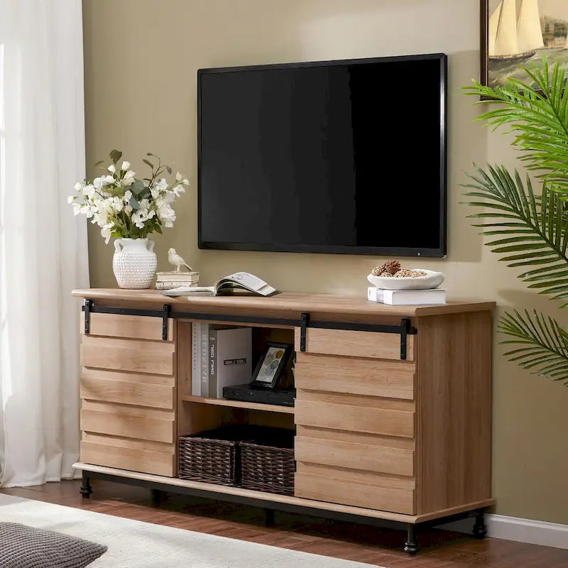Meubles TV avec portes coulissantes de style ferme, armoires de rangement, meuble de divertissement pour téléviseurs jusqu'à 65 pouces