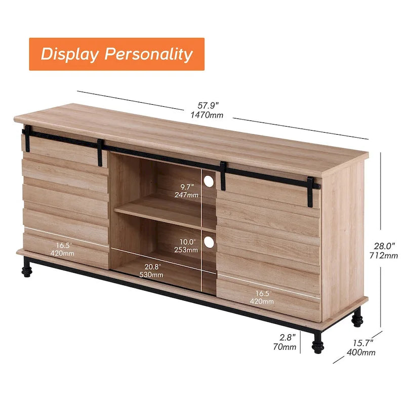 Meubles TV avec portes coulissantes de style ferme, armoires de rangement, meuble de divertissement pour téléviseurs jusqu'à 65 pouces