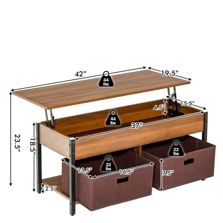 Table basse relevable multifonctionnelle FarmHouse avec 2 tiroirs de rangement