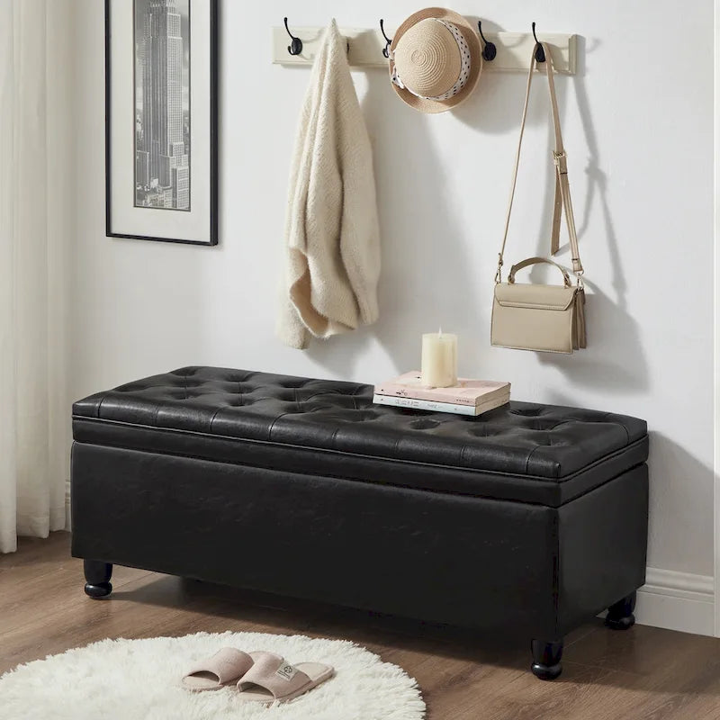 Banc de rangement capitonné en tissu avec boutons
