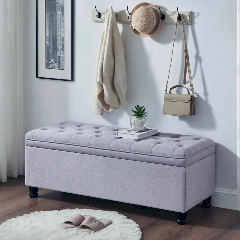Banc de rangement capitonné en tissu avec boutons