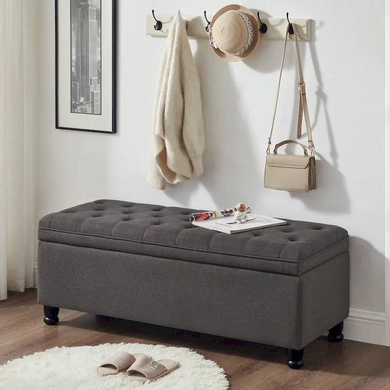 Banc de rangement capitonné en tissu avec boutons
