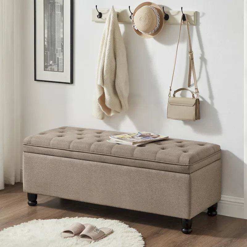Banc de rangement capitonné en tissu avec boutons