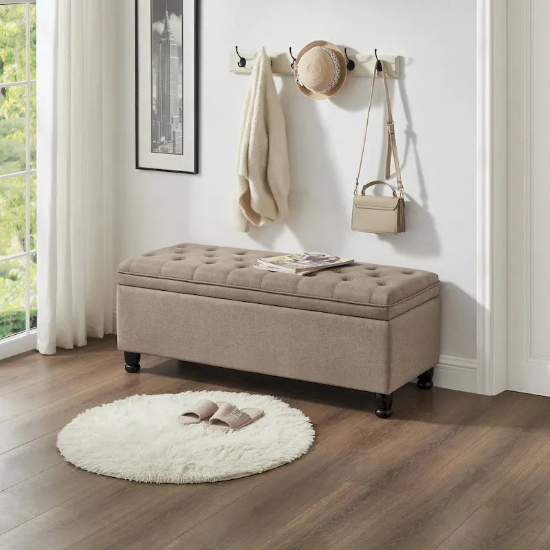 Banc de rangement capitonné en tissu avec boutons