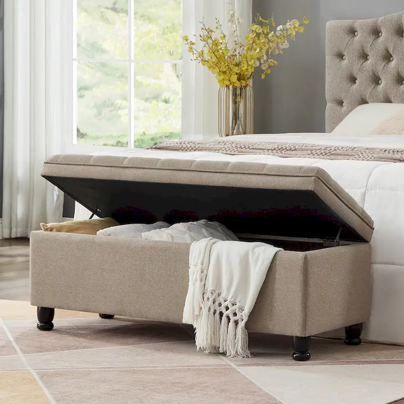 Banc de rangement capitonné en tissu avec boutons
