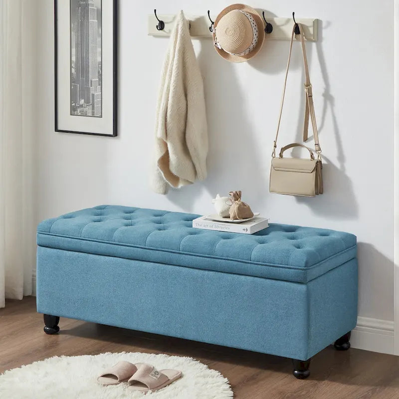 Banc de rangement capitonné en tissu avec boutons